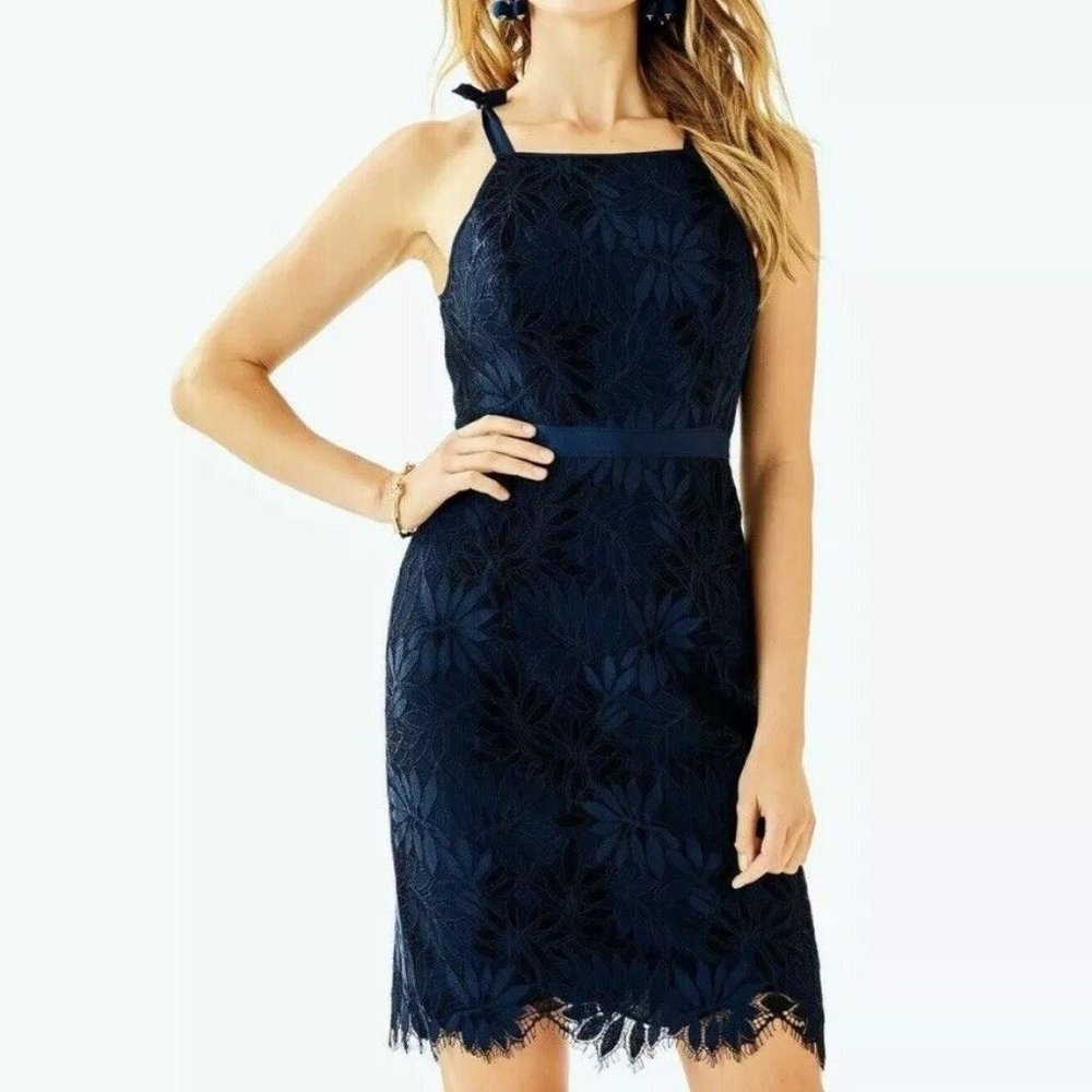 Lilly Pulitzer True Navy Blue Kayleigh Scalloped Lace Shift Dress Size 4